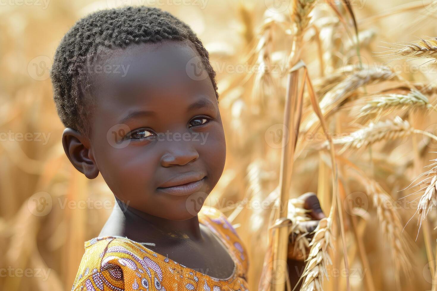 AI generated Golden African child wheat field. Generate Ai photo