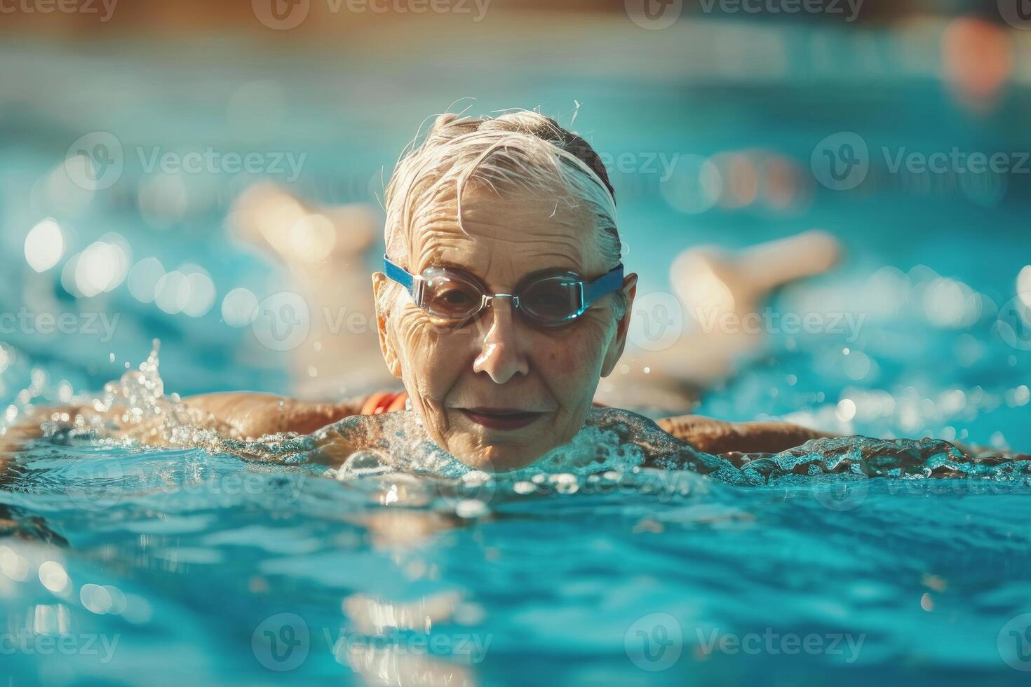 AI generated Aged woman swimming pool laps. Generate Ai photo