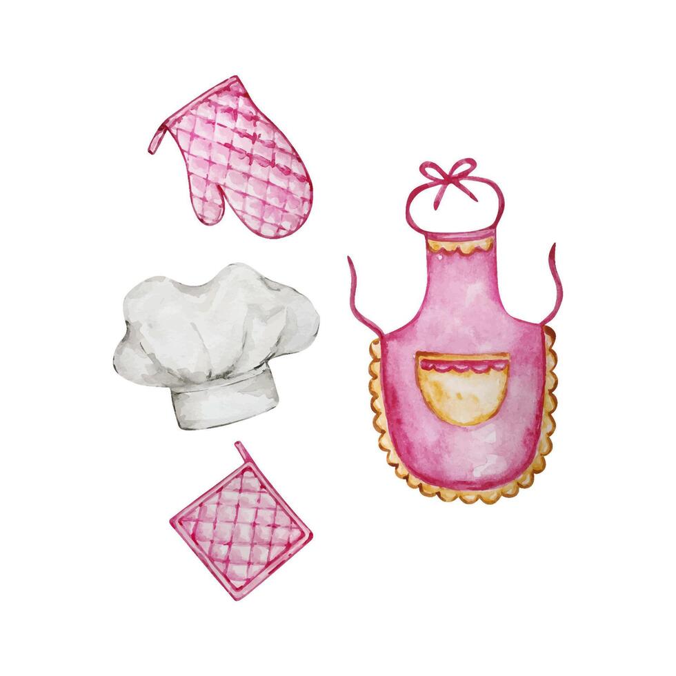 Watercolor chef hat, apron and potholder set vector