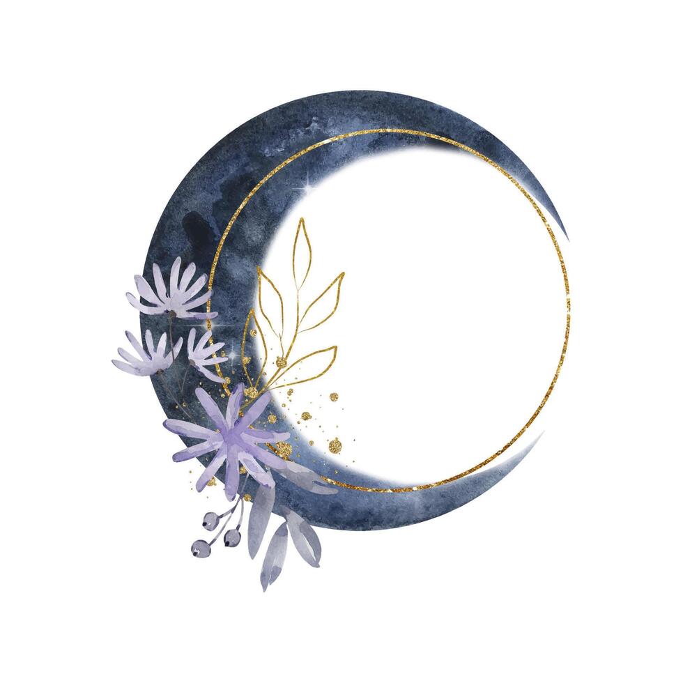 Watercolor moon with flowers bouquet vector