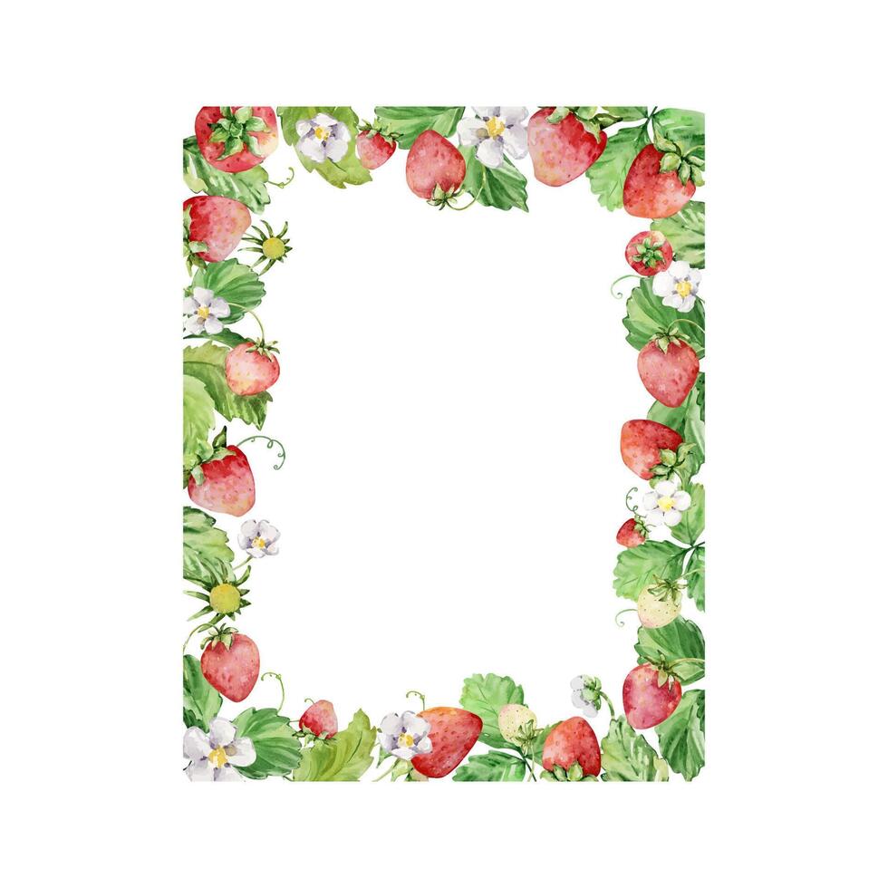 Frame with watercolor straberries and leaves vector
