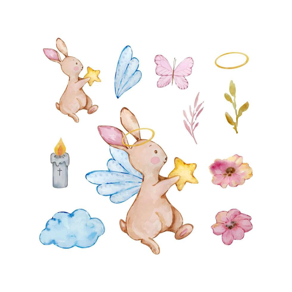 Watercolor cute baby angel bunny vector