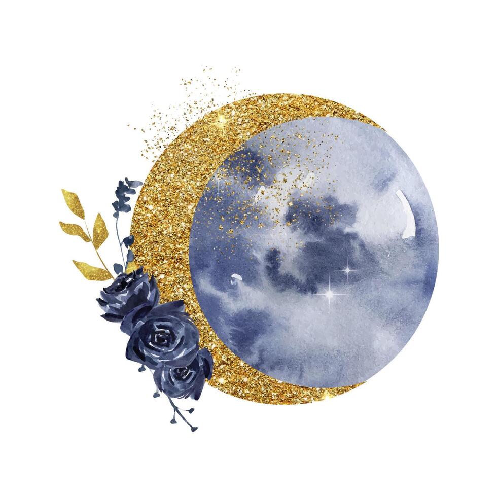 Watercolor moon with flowers bouquet vector