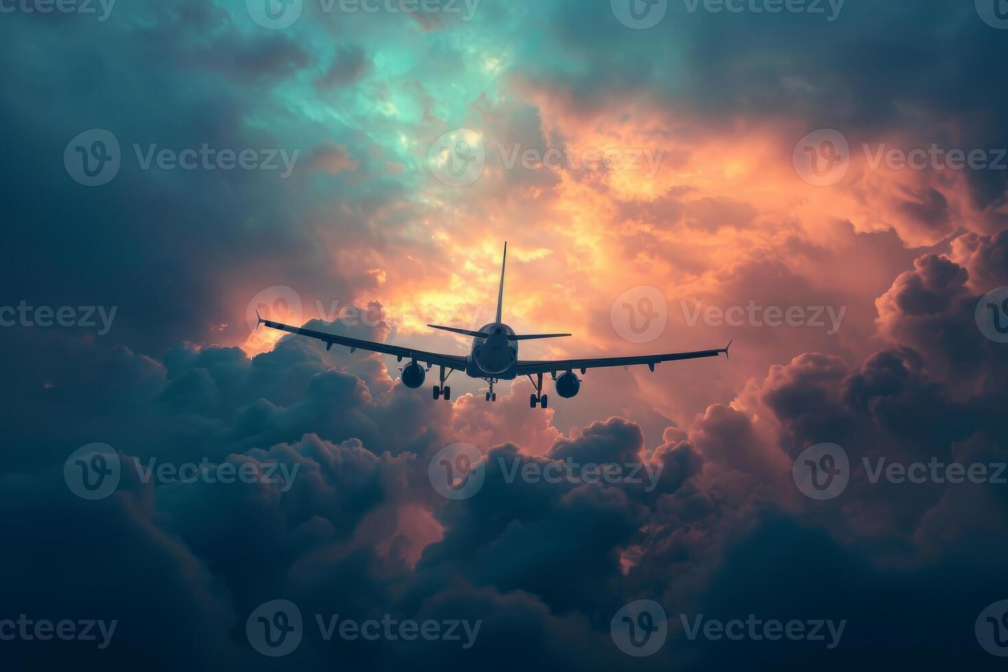 AI generated Airplane flies clouds travel. Generate Ai photo