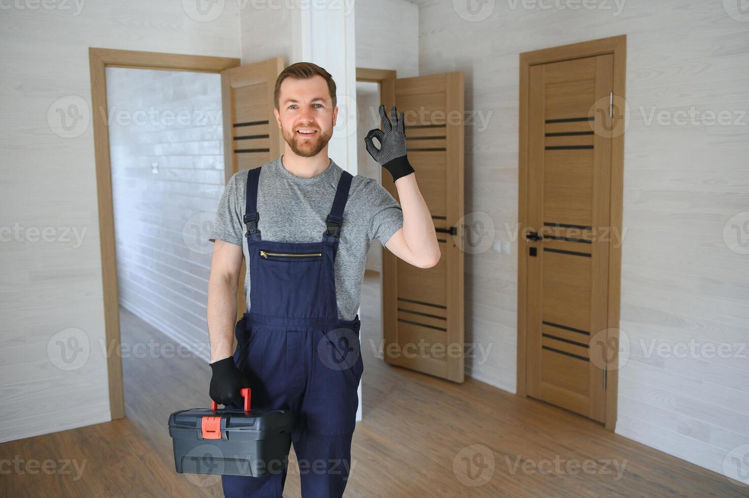 Process of construction new and modern modular house from composite sip panels. Worker man in special protective uniform wear working on building development industry of energy efficient property. photo