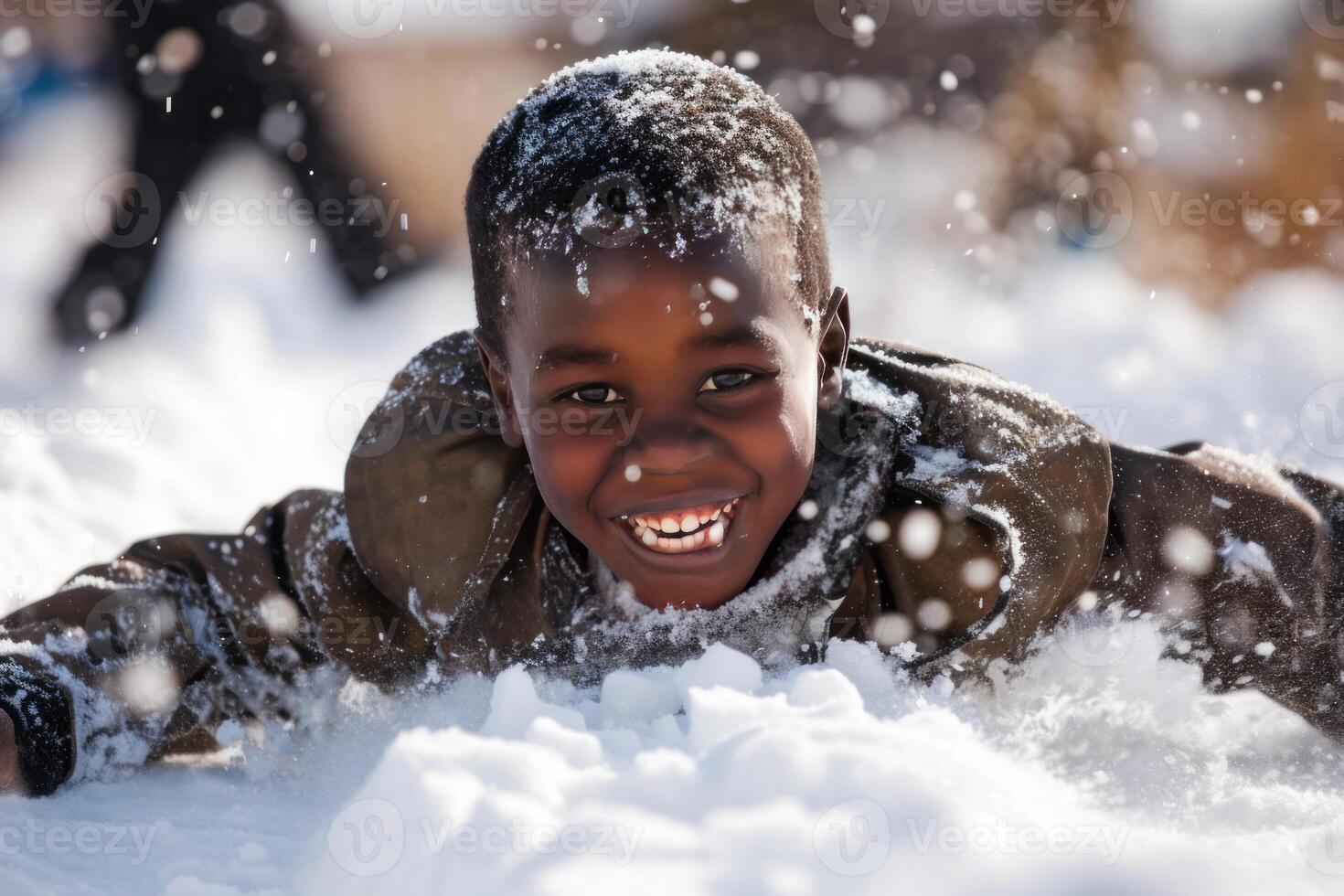 AI generated African boy sliding on snow in warm clothes. Generate ai photo