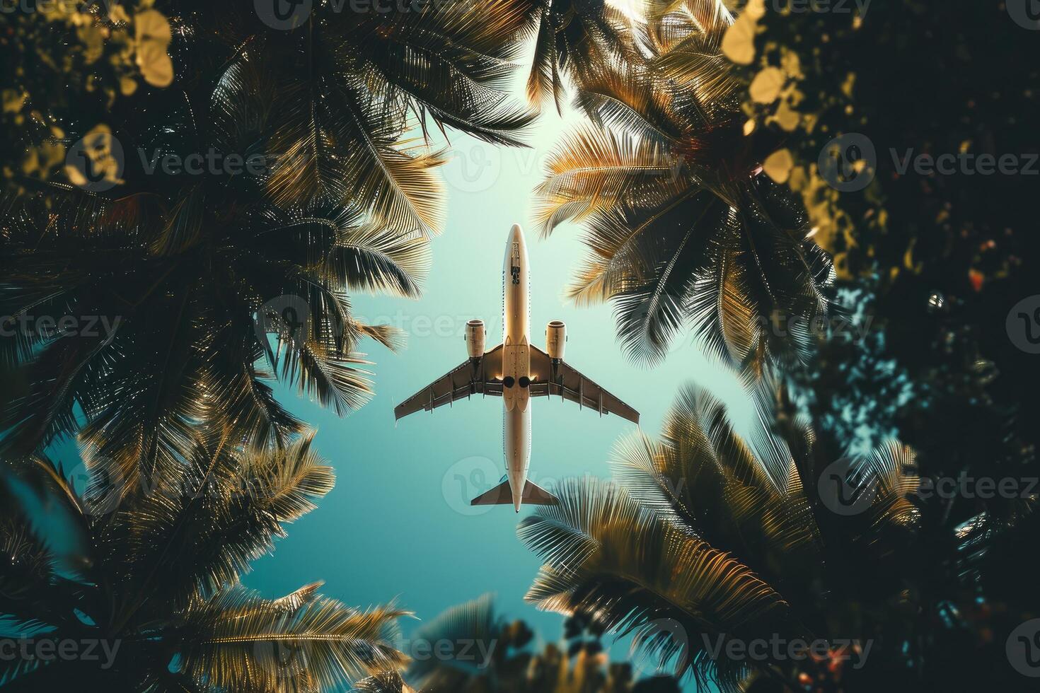 AI generated Airplane over tropical palm tree. Generate Ai photo