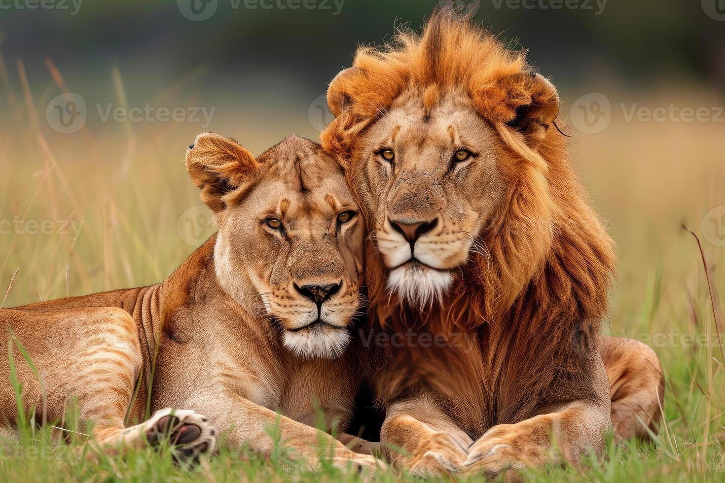 AI generated African lion couple. Generate ai photo