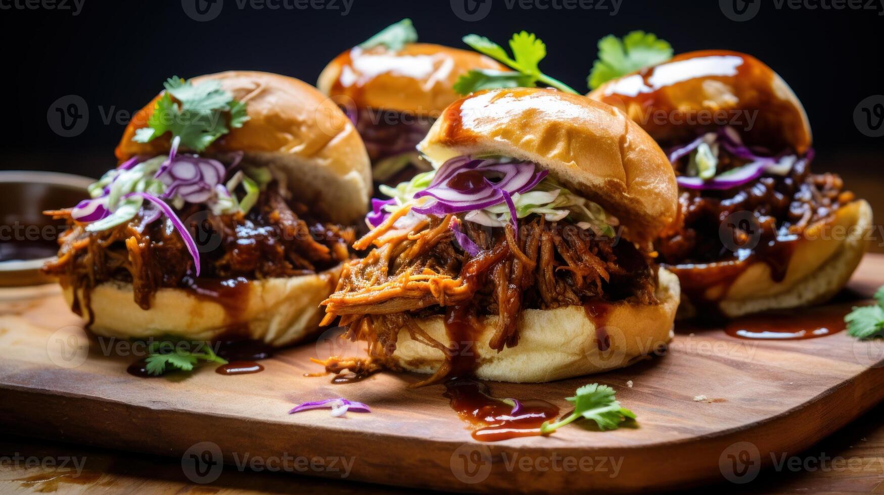 AI generated Greasy and satisfying barbecue pulled pork sliders. Generative AI photo