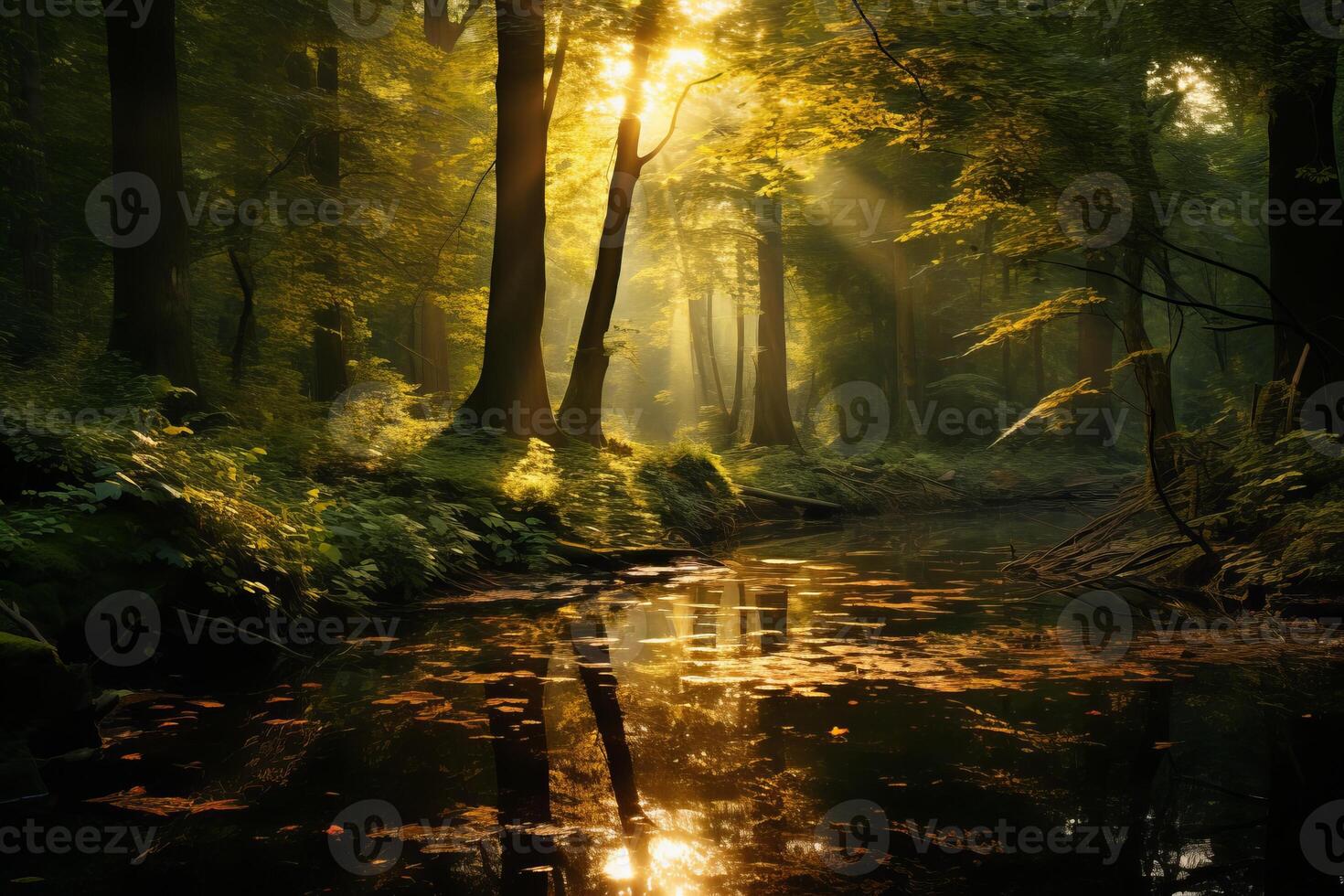 AI generated Verdant forest bathed in golden sunlight, a serene natural landscape. Generative AI photo
