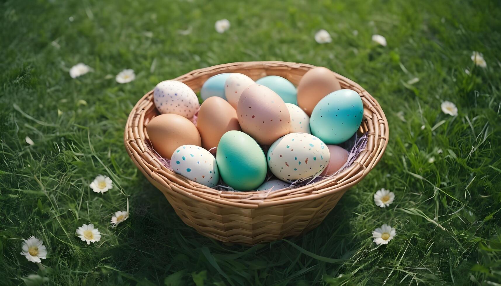 AI generated Easter eggs in a basket on the green grass photo