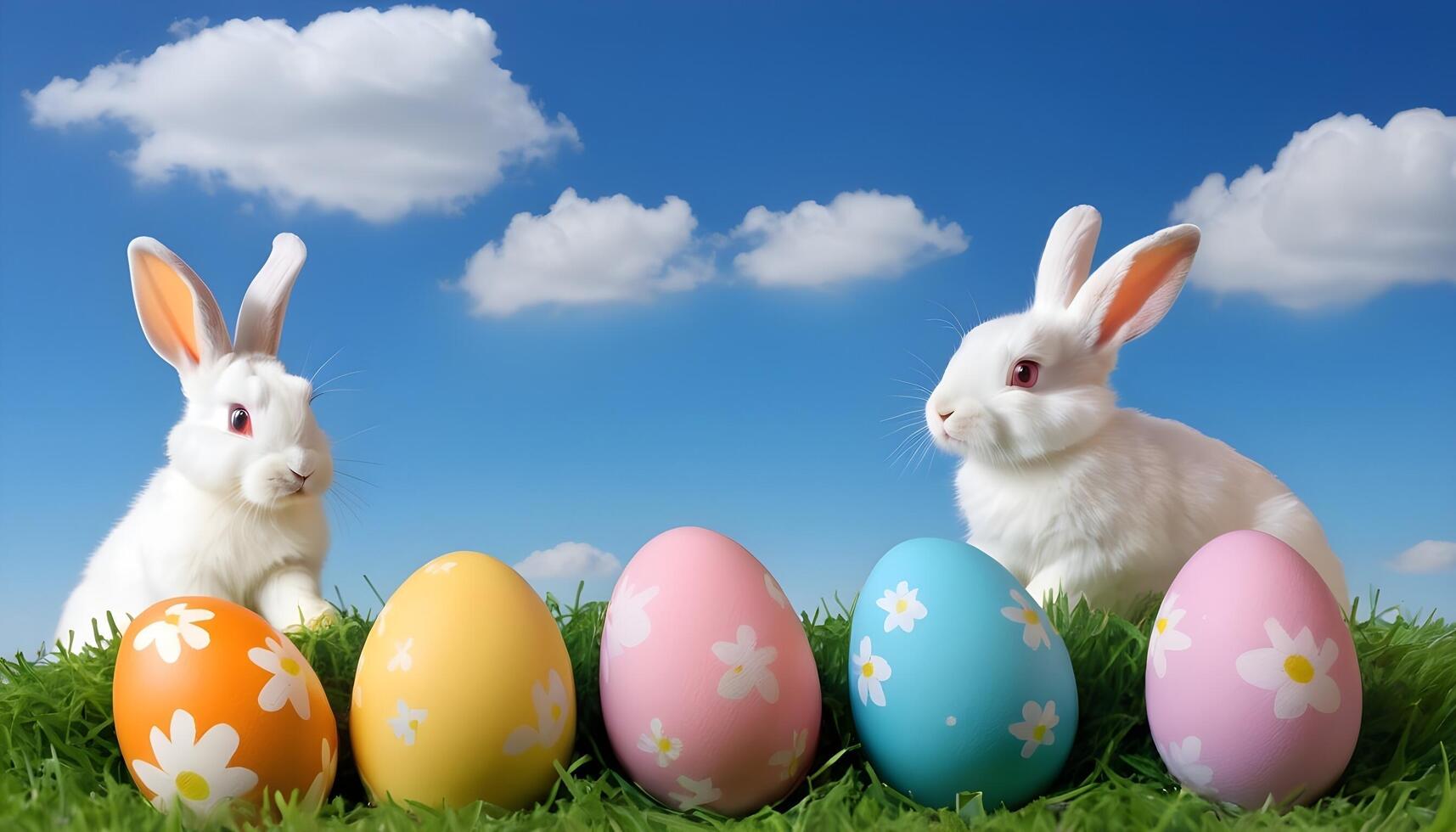 AI generated Easter eggs  rabbits on the grass and sky photo