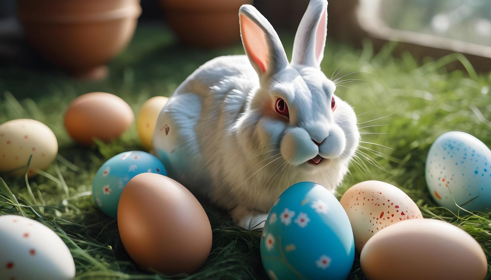 AI generated Easter, eggs, rabbits on grass and nature photo