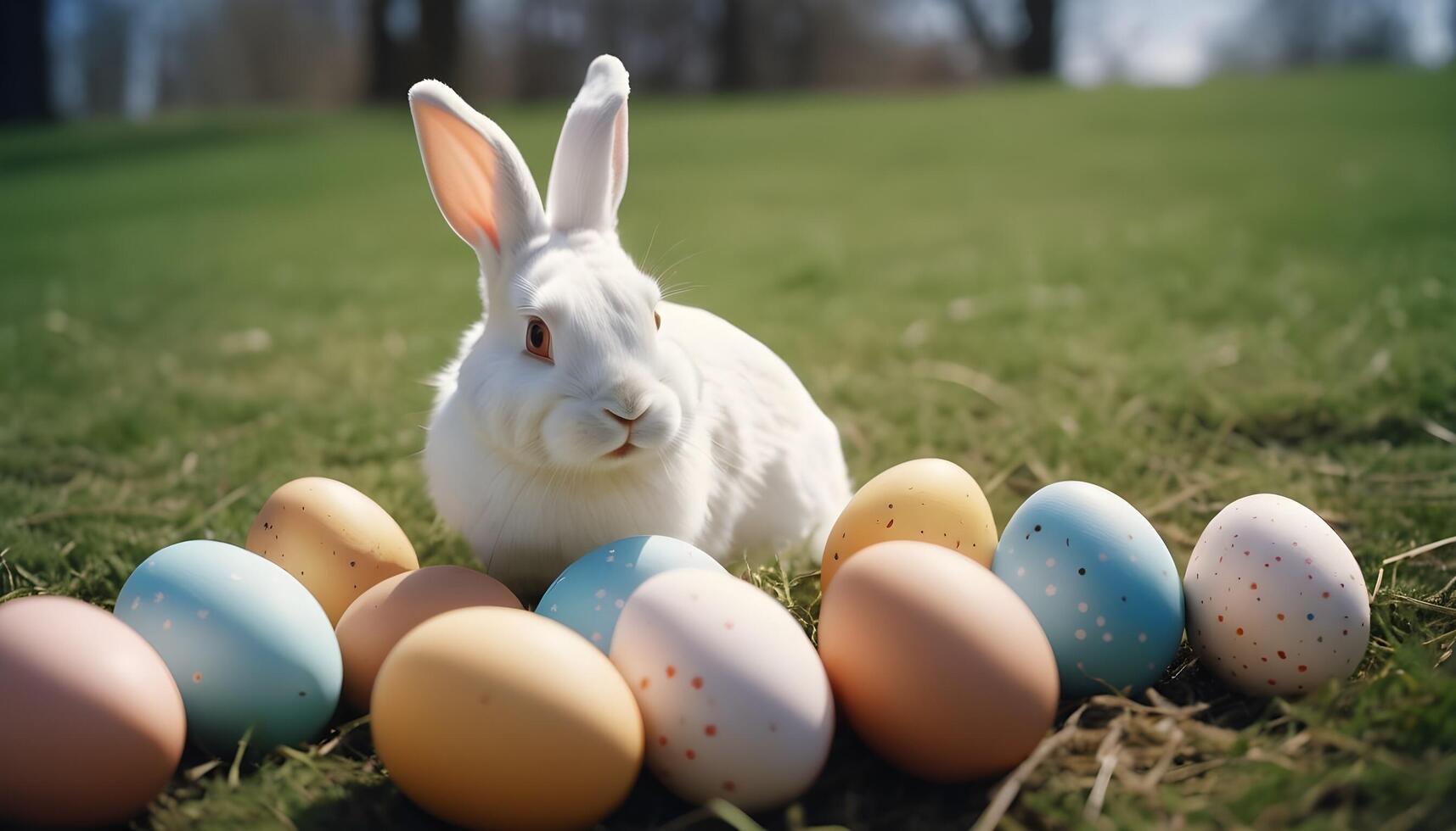 AI generated Easter, eggs, rabbits on grass and nature photo