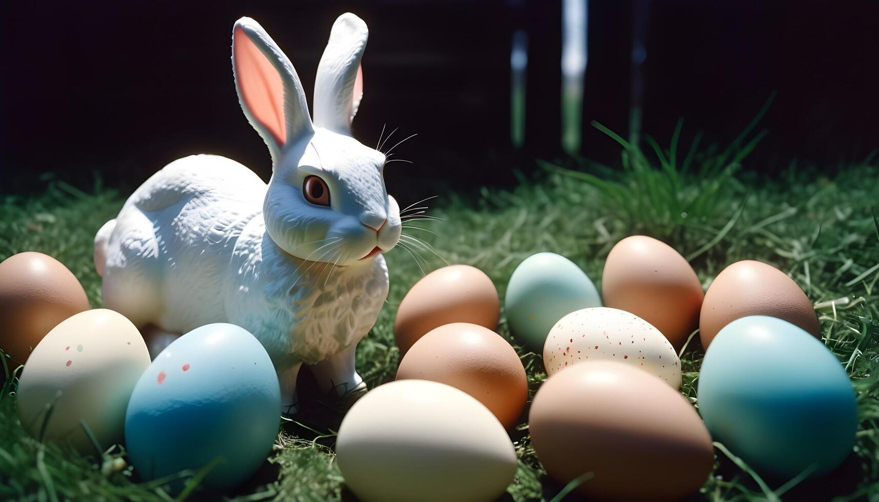 AI generated Easter, eggs, rabbits on grass and nature photo