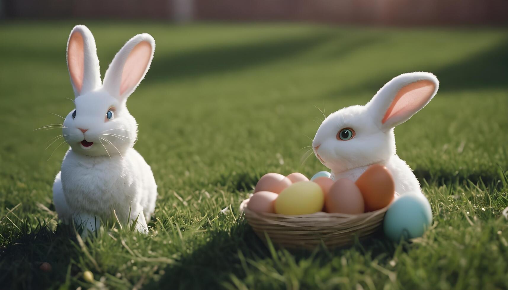 AI generated Easter, eggs, rabbits on grass and nature photo