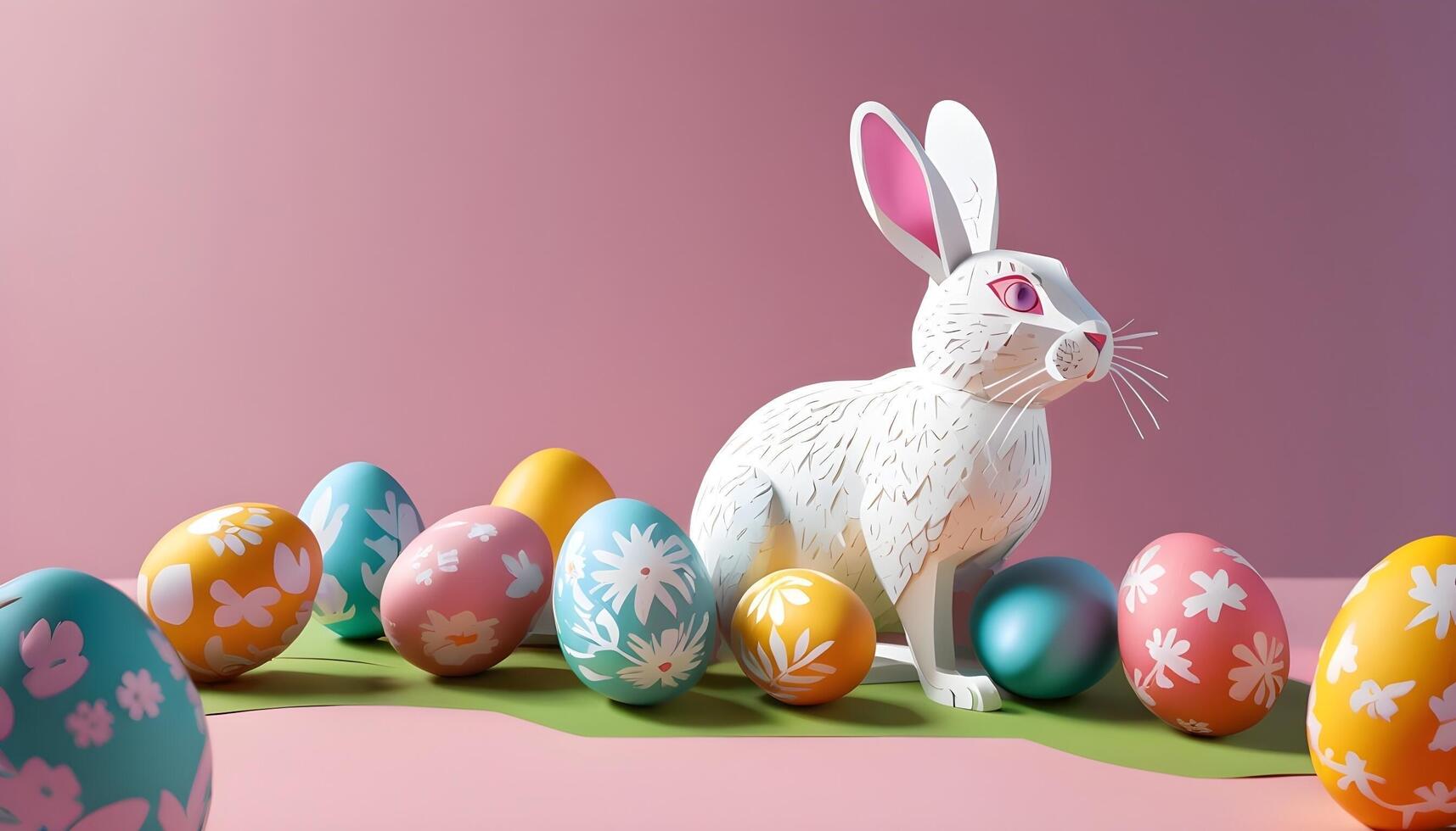 AI generated Easter Day Photo Shoot Bunny Rabbit and Painted Eggs in Bright Paper Cut Style