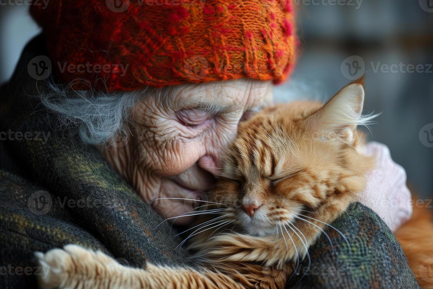 AI generated Aged woman hugs cat. Generate Ai photo
