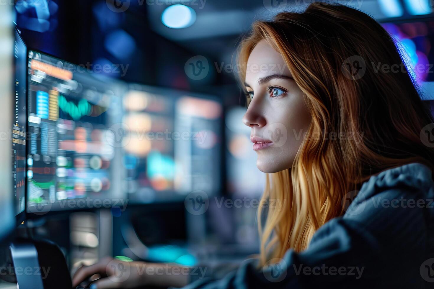 AI generated Financial analyst woman working in front of computer displays. Generate ai photo