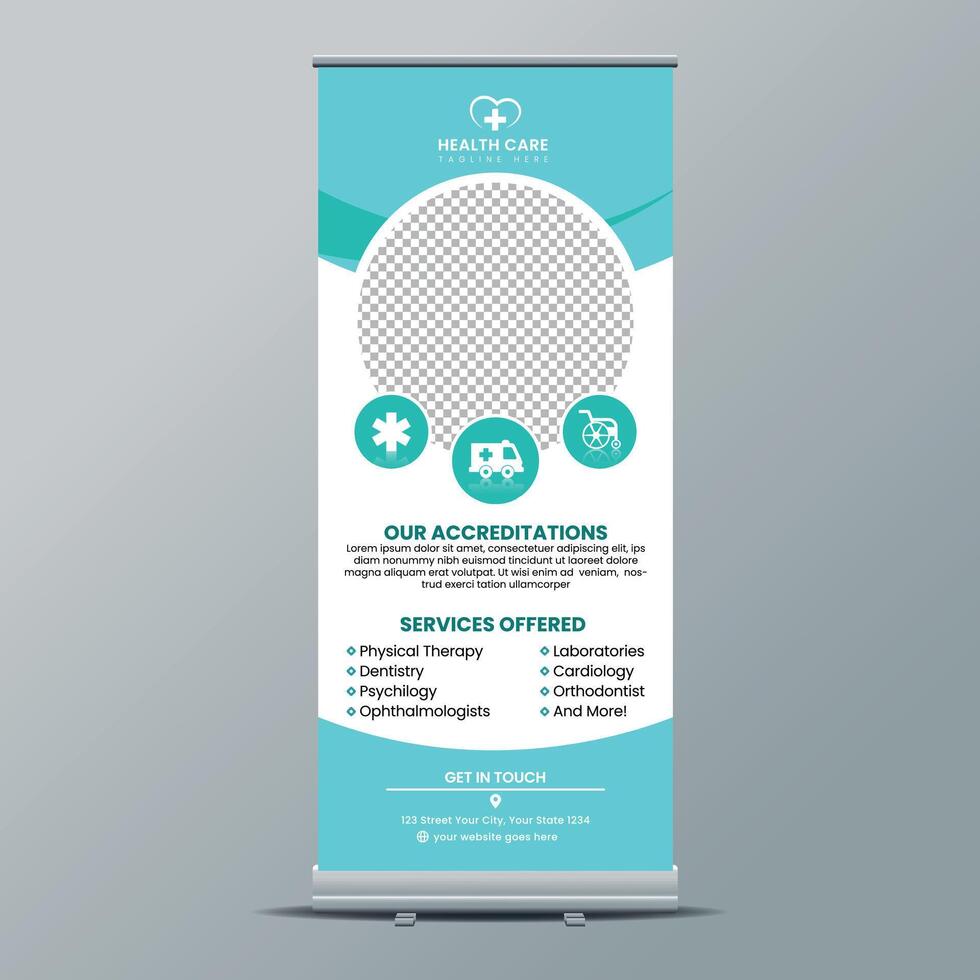 Healthcare and medical and flat icons roll up design, standee and banner template vector