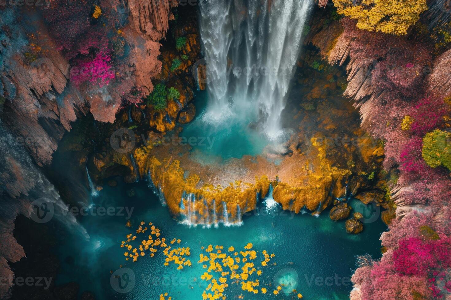 AI generated Aerial waterfall colorful. Generate Ai photo