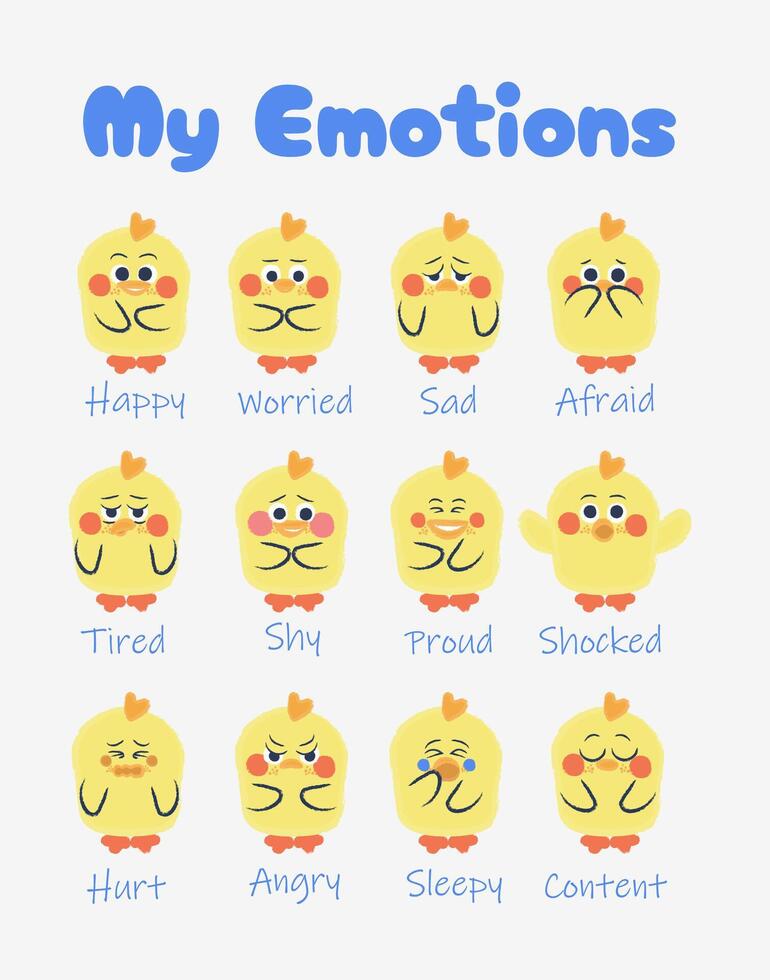 Set of cute duck with different emotions. Vector illustration in cartoon style.