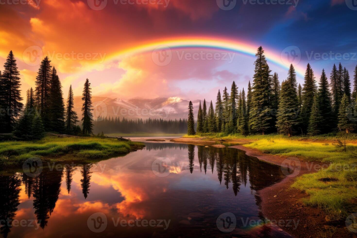 AI generated Vibrant rainbow arcing over a scenic landscape after a rain shower. Generative AI photo