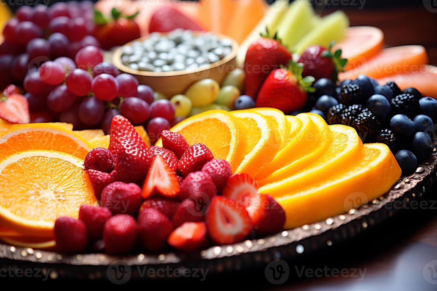 AI generated A close-up of a vibrant afternoon fruit platter. Generative AI photo