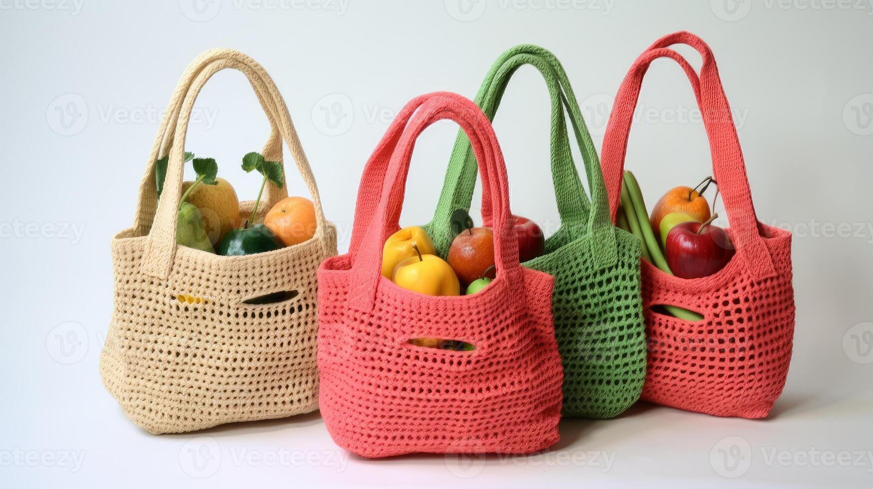 AI generated Crocheted market bags in eco-friendly for sustainable shopping. Generative AI photo