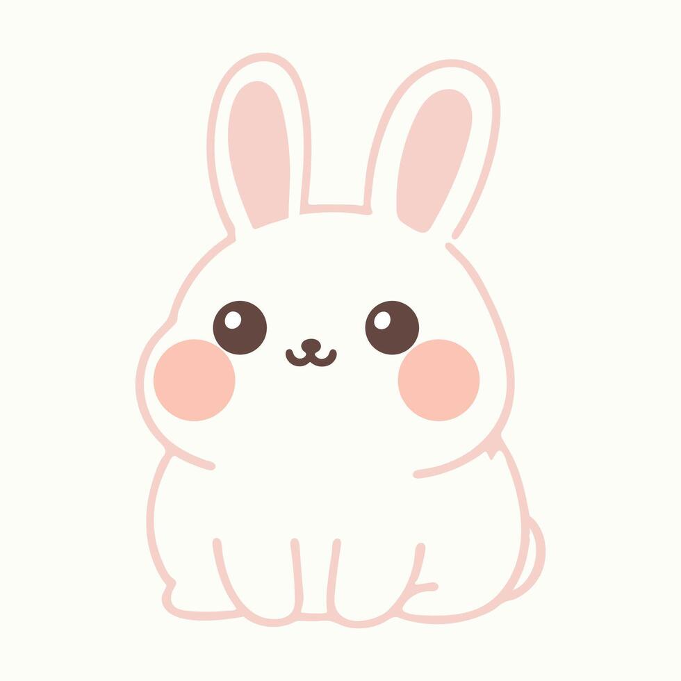 adorable chubby fluffy cute friendly easter bunny rabbit vector illustration cartoon style sits on floor toy charming on white background isolated children book, soft baby face expression