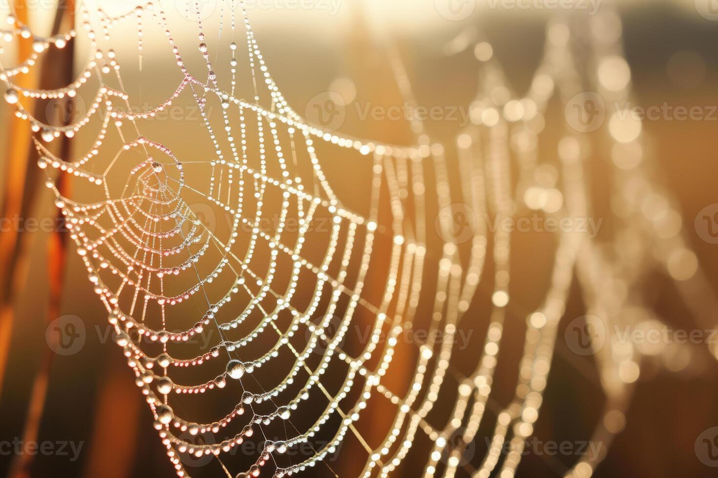 AI generated An extreme close-up of a dew-covered spiderweb in the morning light. Generative AI photo