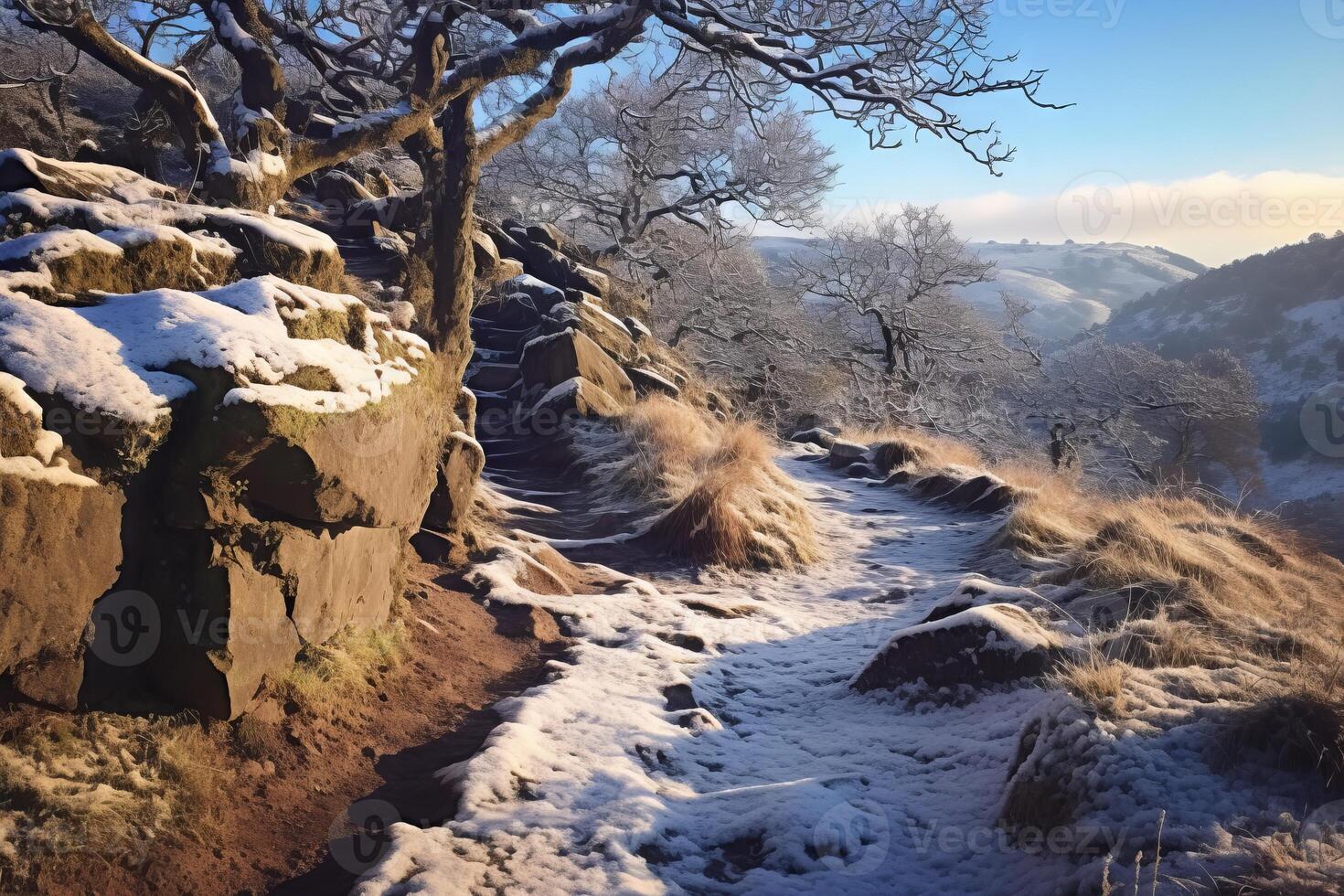 AI generated The rugged beauty of a mountain trail in winter. Generative AI photo