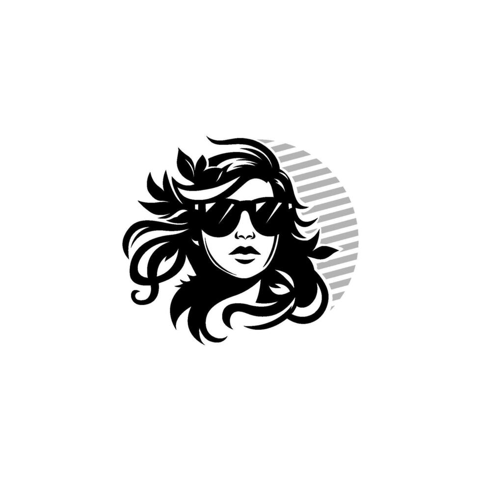 un mujer con Gafas de sol y largo pelo es en el logo vector