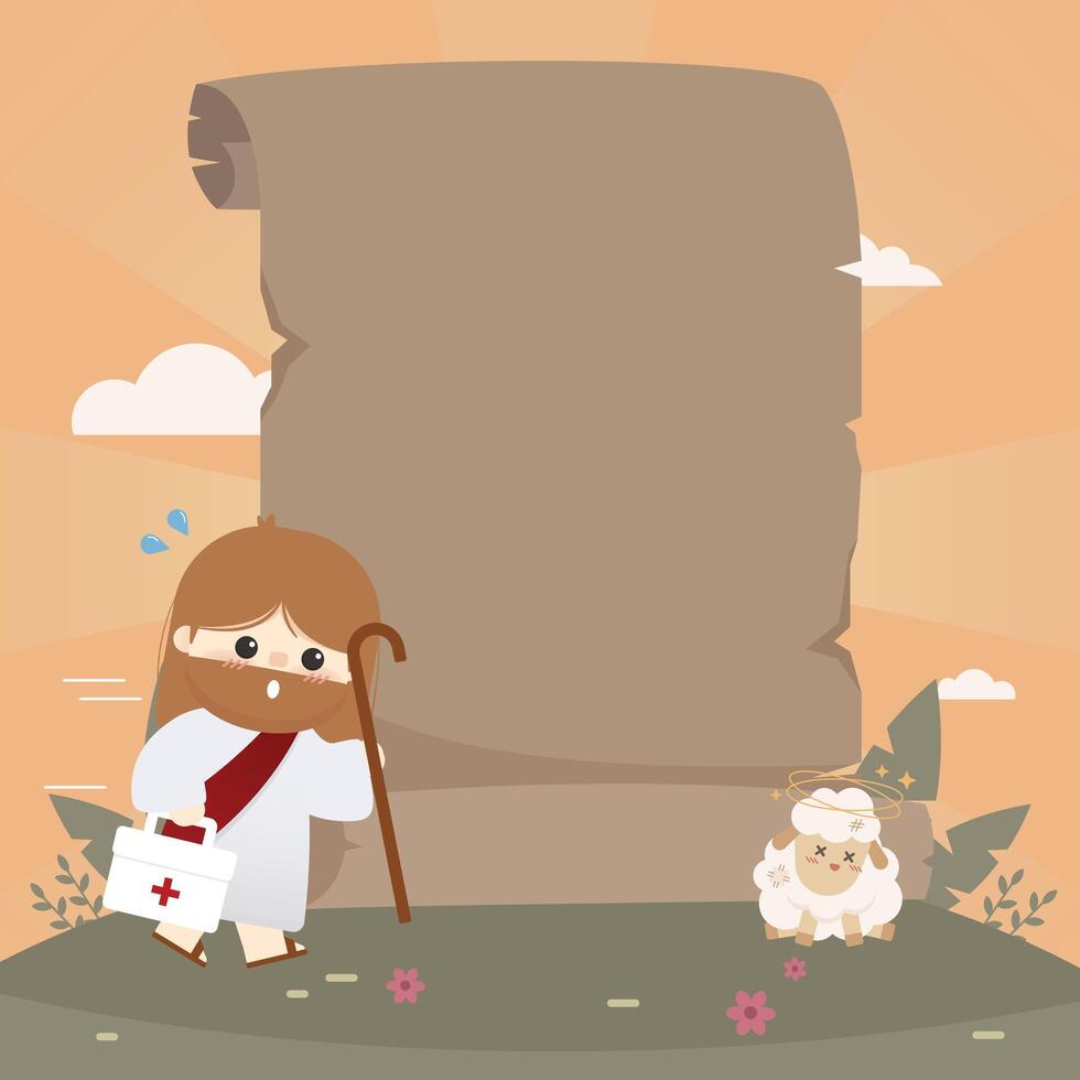 Blank scroll with Jesus helping the hurt sheep vector