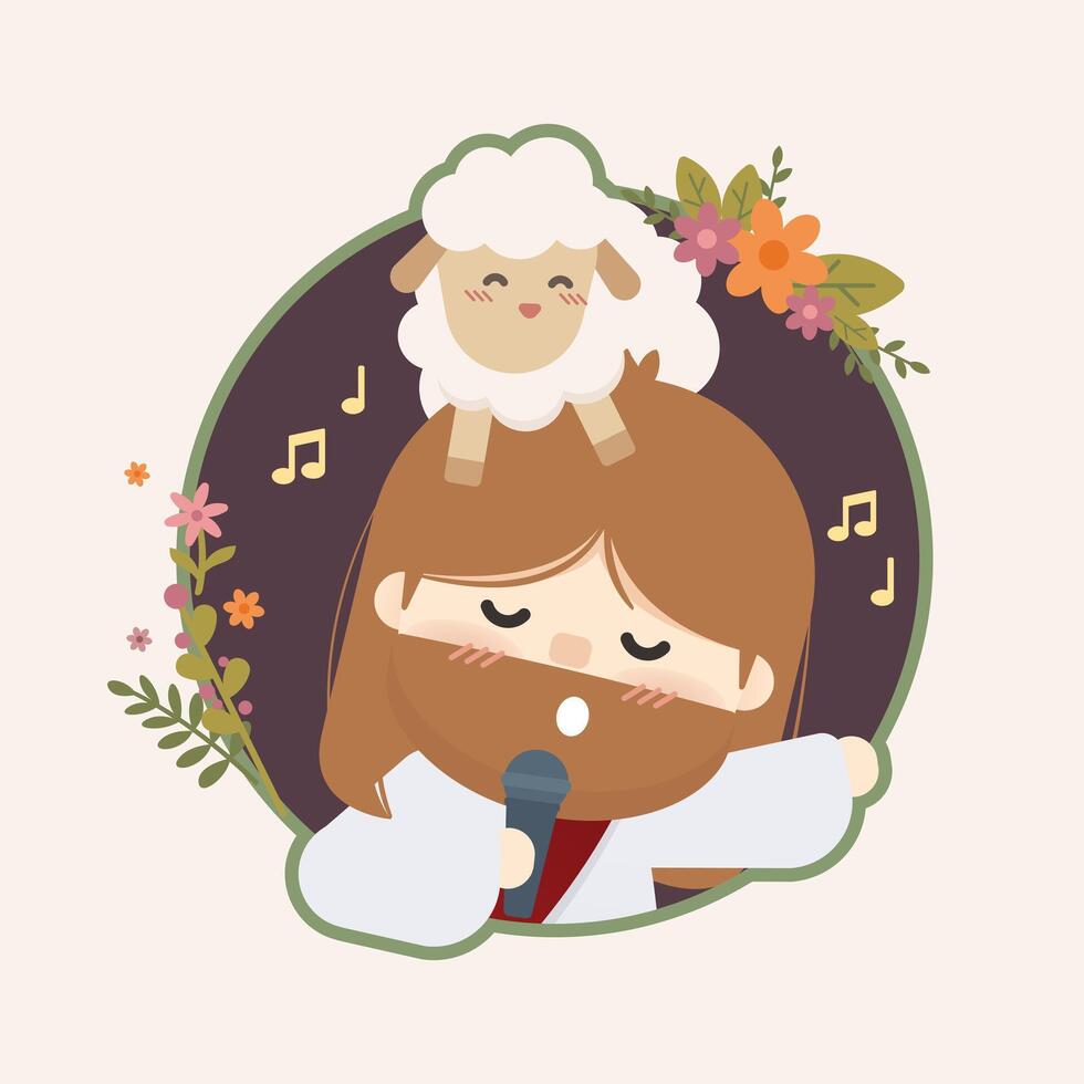 Cute vector Jesus Christ singing with a lamb