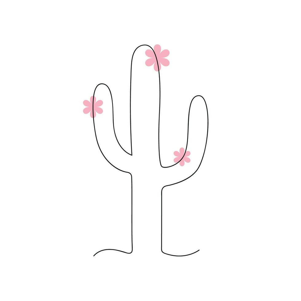 Cactus with flowers drawn in one continuous line. One line drawing, minimalism. Vector illustration.