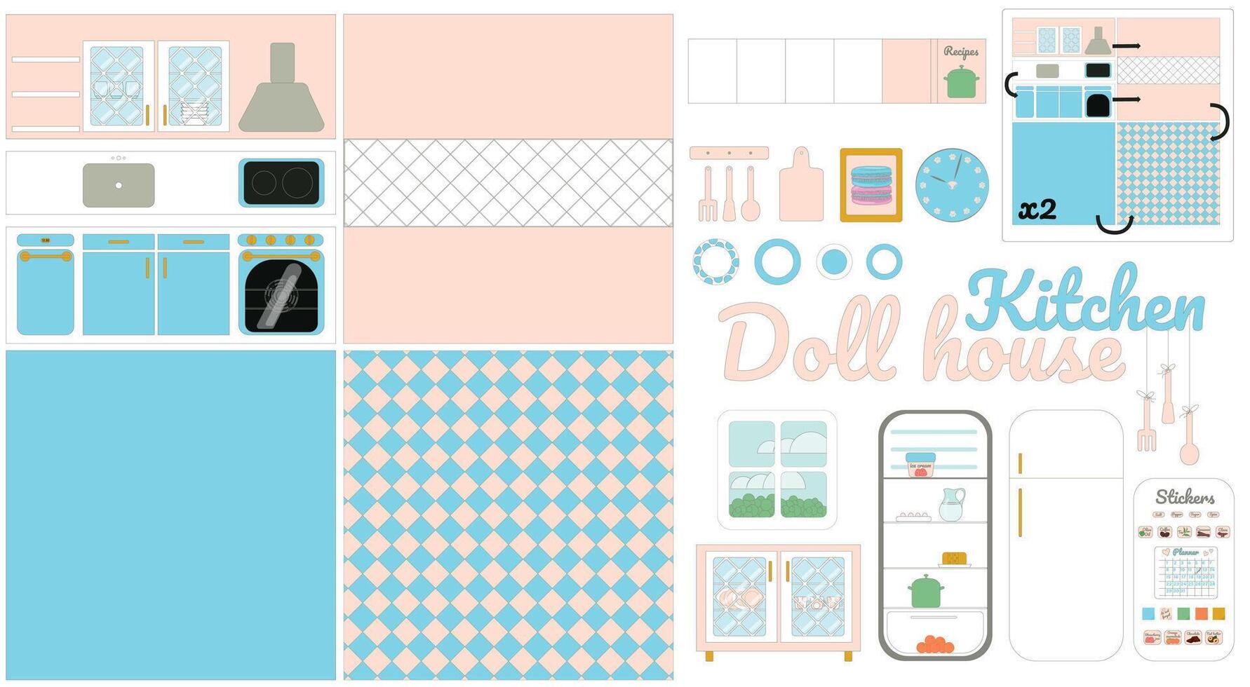 Kitchen. Design layout for creating a kitchen in a dollhouse. Stickers for three-dimensional models. Kitchen furniture and kitchen stuff. vector