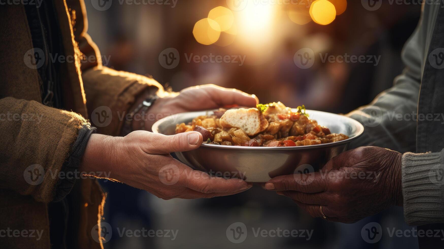 AI generated Close-up of hands offering a warm meal to a homeless person. Generative AI photo