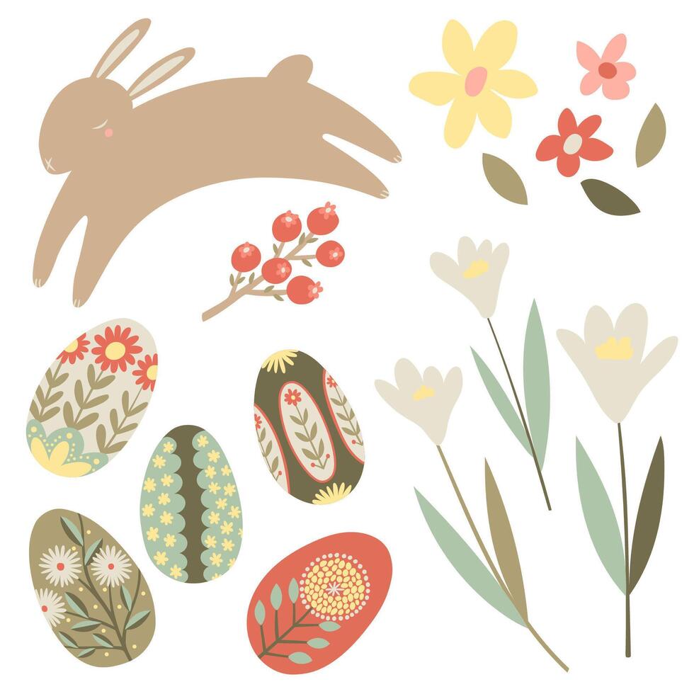 Happy easter vector illustration with eggs, bunny, flowers.