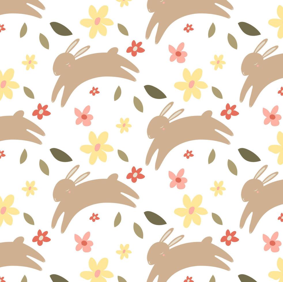 Easter seamless pattern with cute bunnies, leaves, flowers. Easter bunnies, flowers background. Vector illustration.