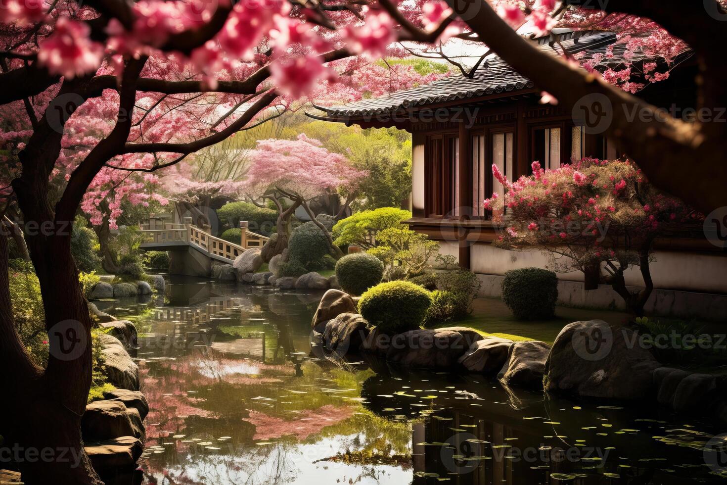AI generated A peaceful garden with serene afternoon blossoms. Generative AI photo