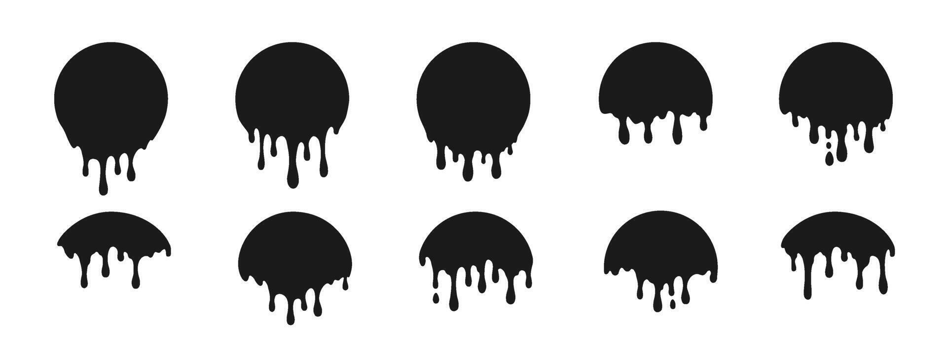 Dripping circular liquid. Dripping drops of graffiti ink. Splashing circle of black paint. Icons of current melted chocolate, milk, for stickers. Vector illustrations.