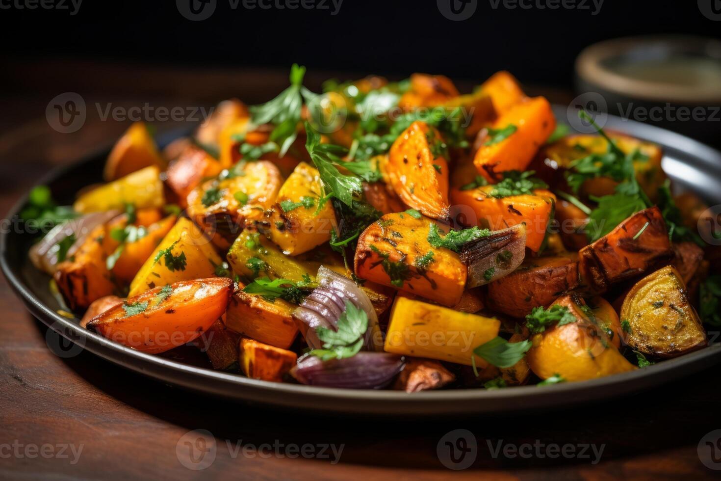 AI generated A plate of roasted root vegetables with fresh herbs. Generative AI photo