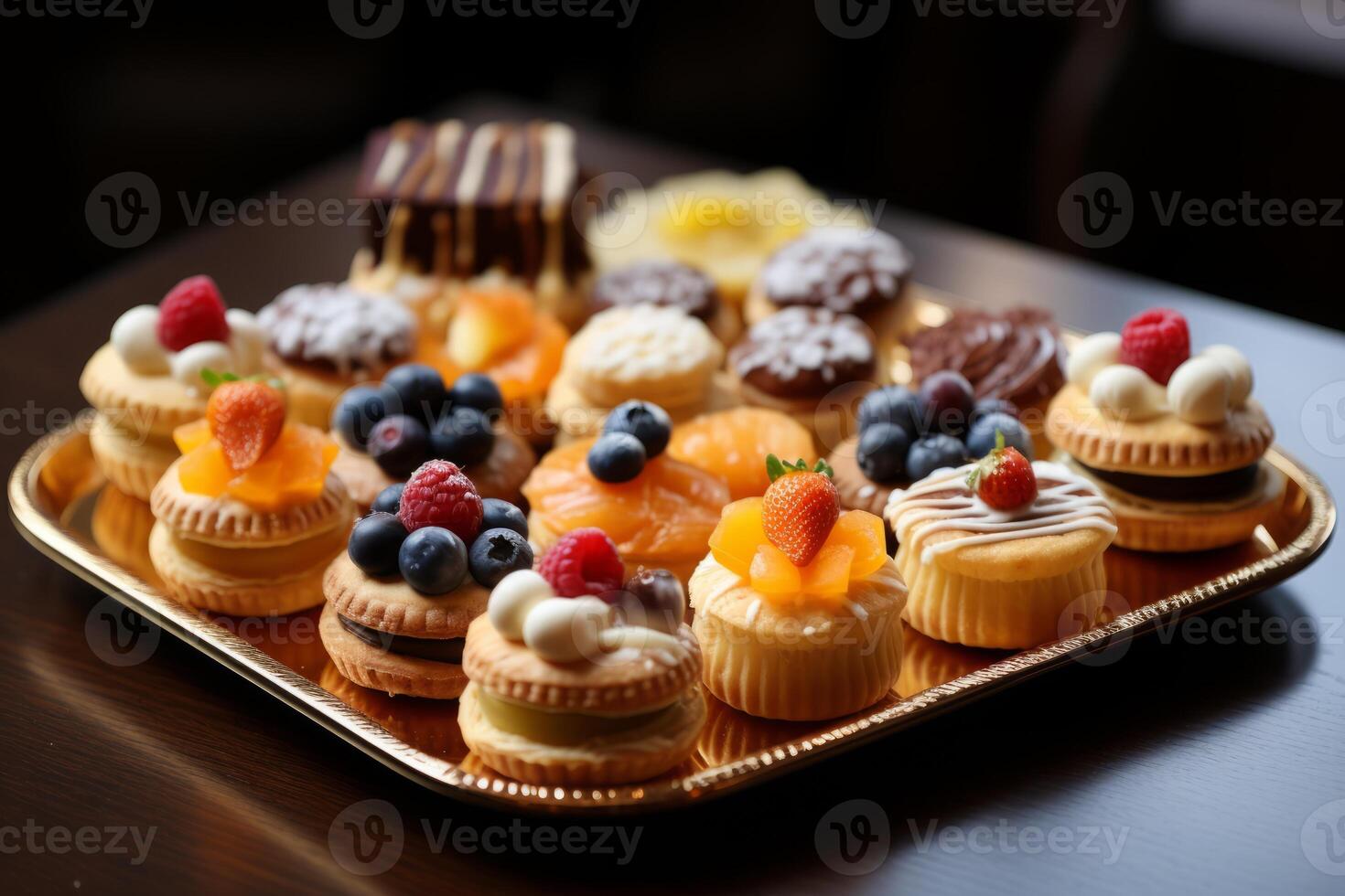 AI generated A tray of assorted mini pastries and tarts. Generative AI photo