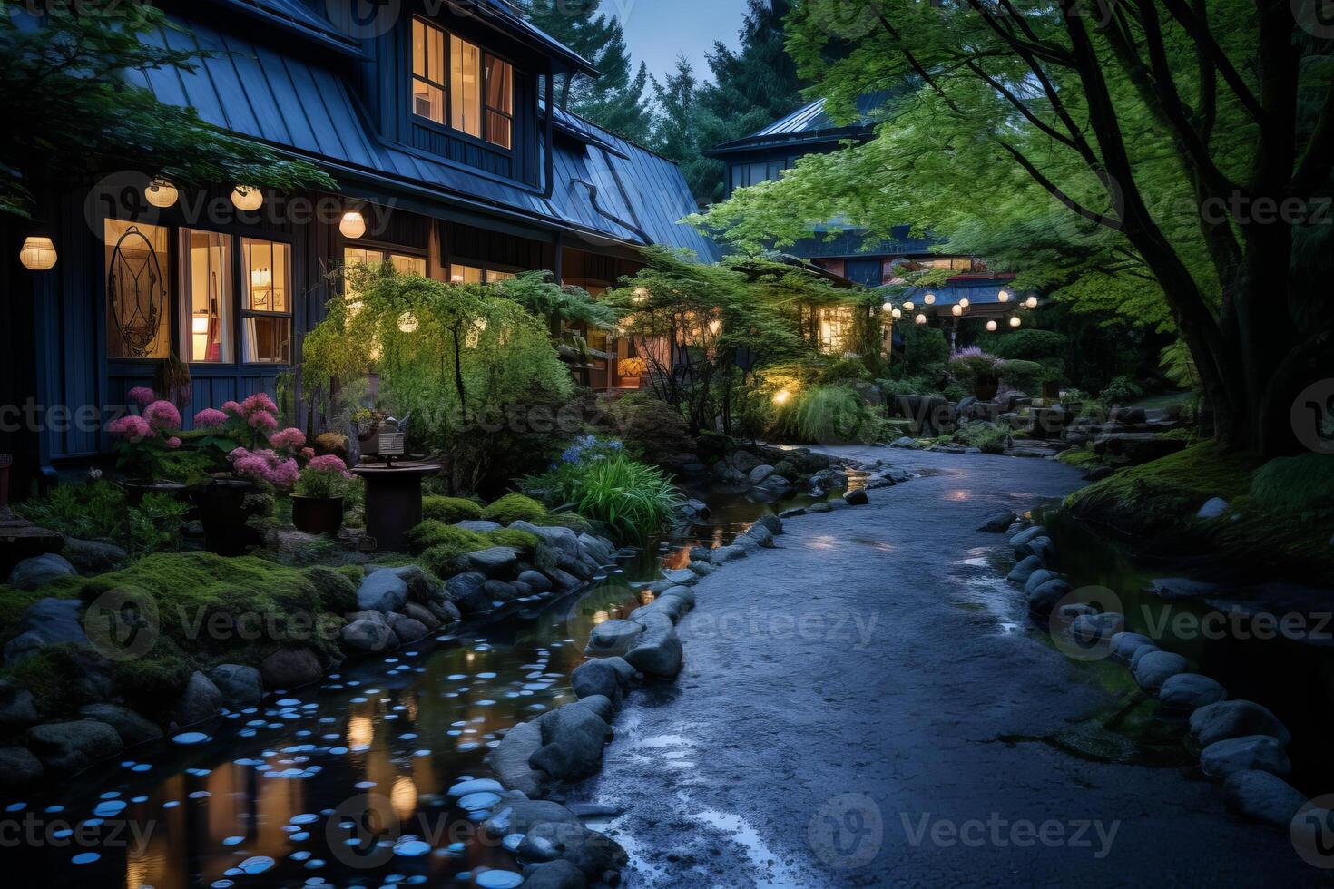 AI generated A peaceful garden at the onset of blue hour. Generative AI photo