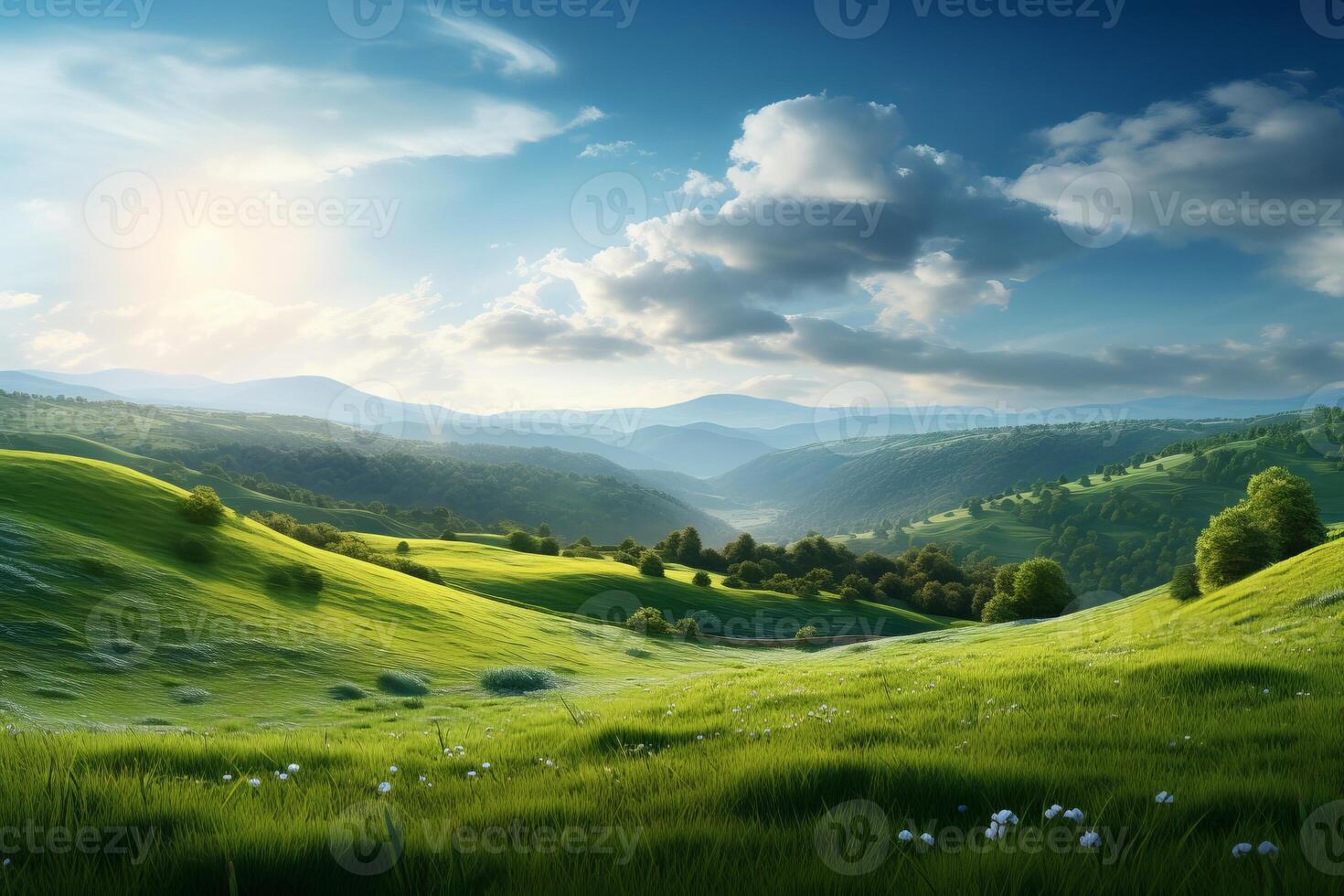 AI generated Sunlit meadow and rolling hills forming a serene natural landscape. Generative AI photo