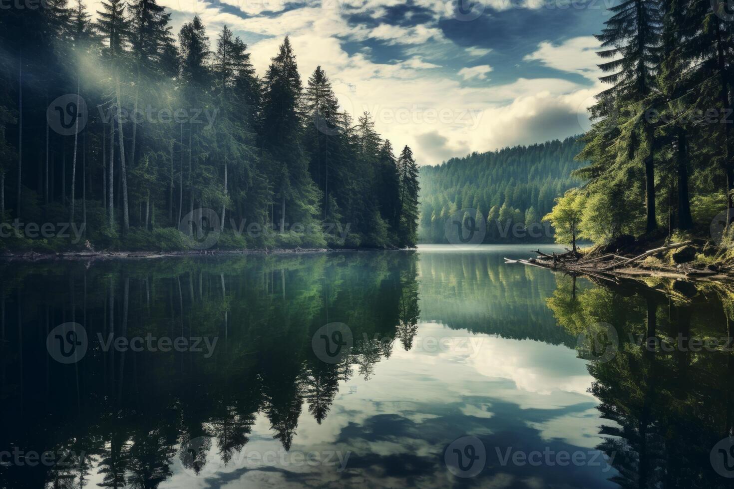 AI generated A tranquil reflection of a forest mirrored in the glassy waters of a lake. Generative AI photo