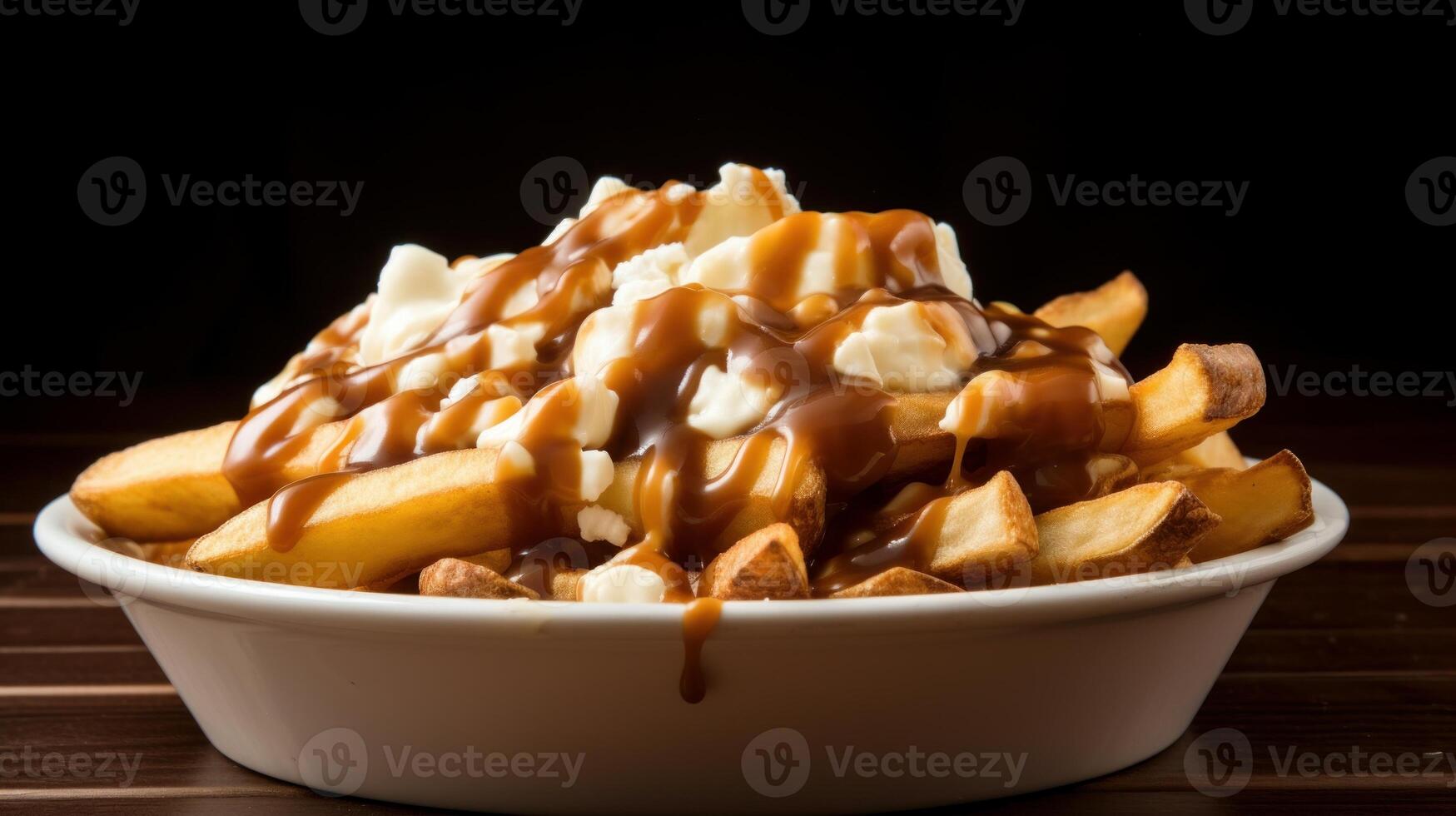 AI generated Greasy and mouthwatering poutine with crispy fries, cheese curds, and rich gravy. Generative AI photo