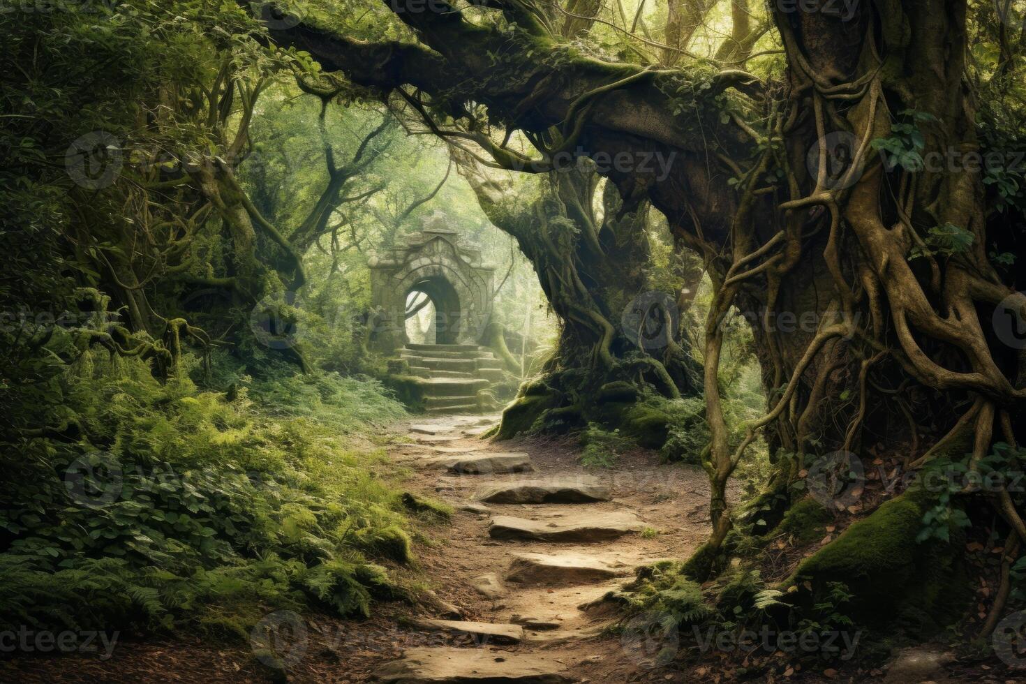 AI generated A path leading into the heart of an ancient woodland. Generative AI photo