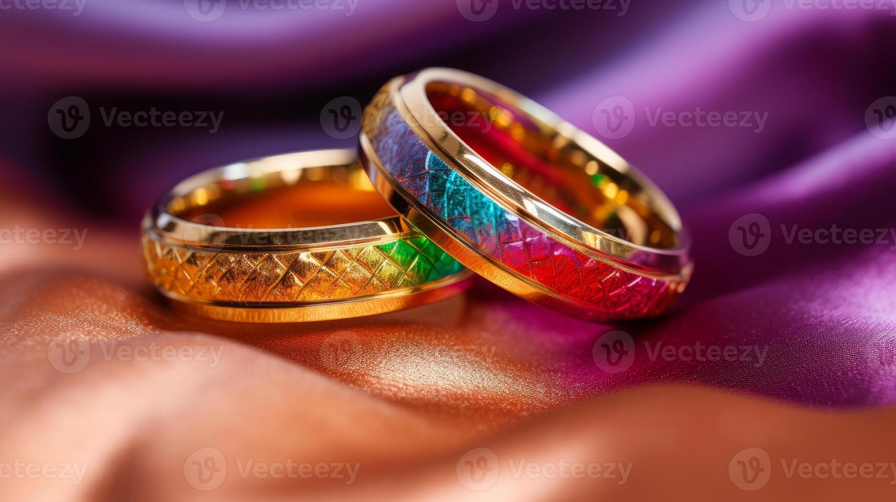 AI generated Close-up of rainbow-colored wedding rings. Generative AI photo